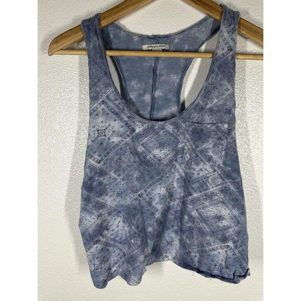 American Eagle Tank Top Womens XS Blue Paisley Racerback Cropped Scoop Neck